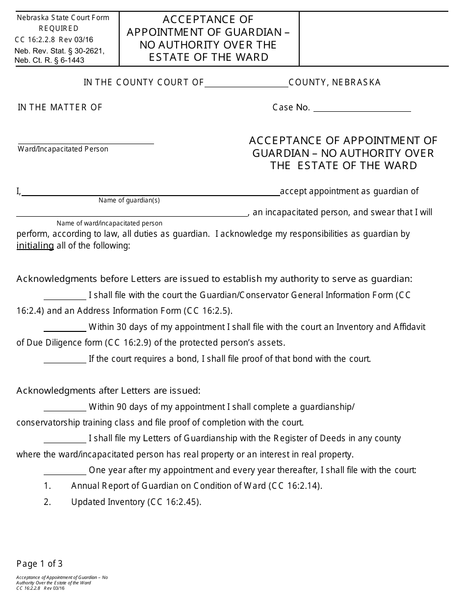 Form CC16:2.2.8 Acceptance of Appointment of Guardian - No Authority Over the Estate of the Ward - Nebraska, Page 1