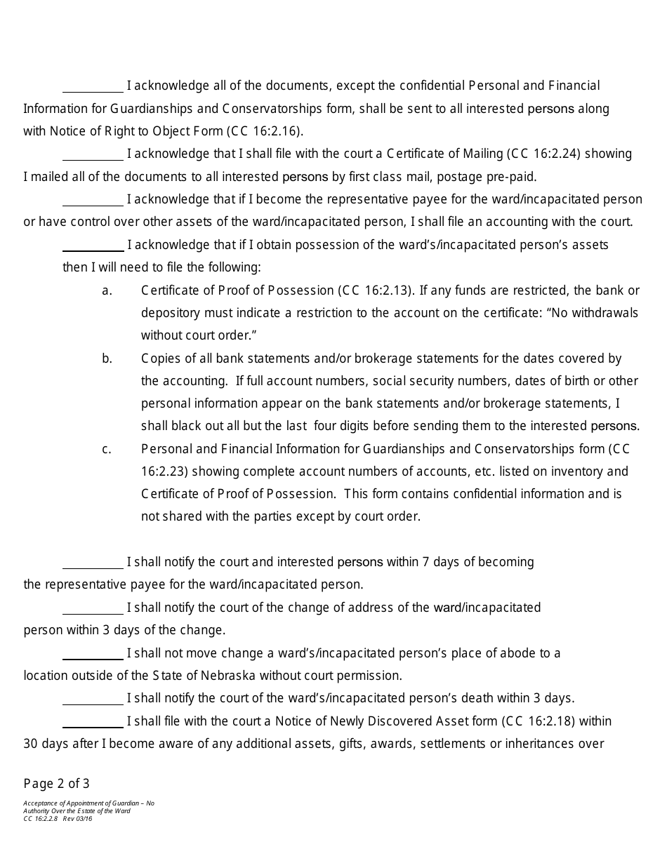 Form CC16:2.2.8 Acceptance of Appointment of Guardian - No Authority Over the Estate of the Ward - Nebraska, Page 2