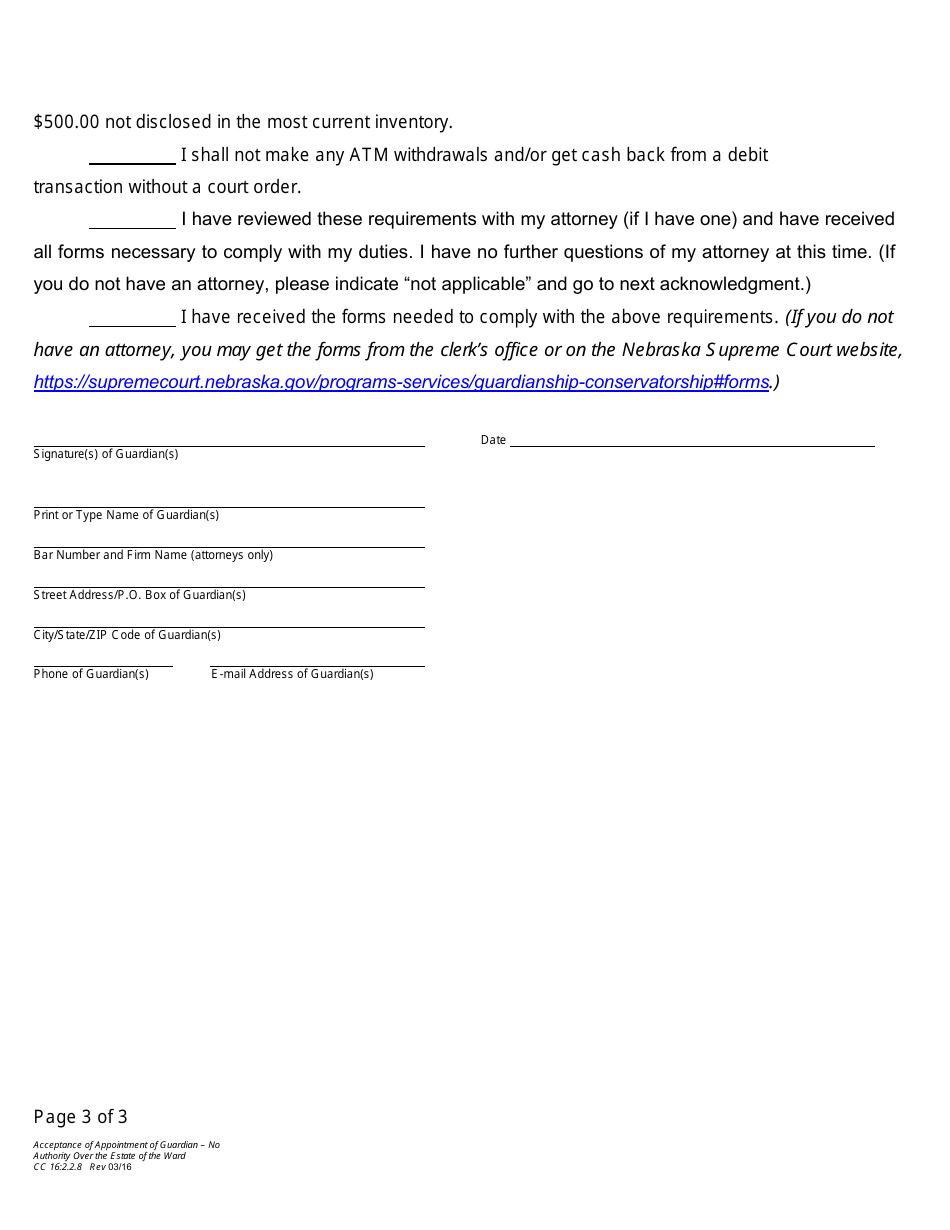 Form CC16:2.2.8 Acceptance of Appointment of Guardian - No Authority Over the Estate of the Ward - Nebraska, Page 3