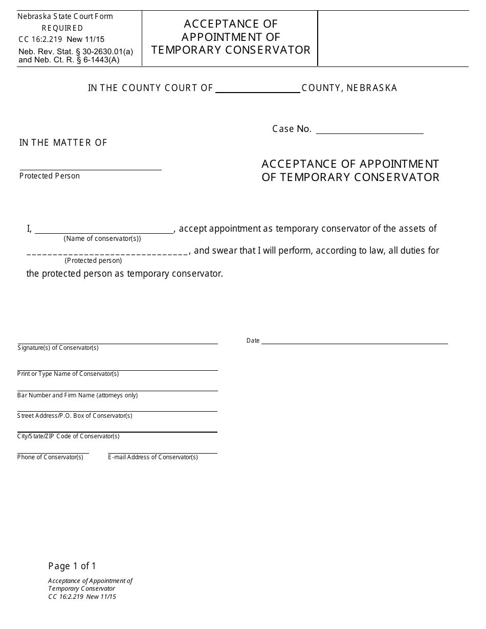 Form CC16:2.219 Acceptance of Appointment of Temporary Conservator by the Public Guardian - Nebraska, Page 1