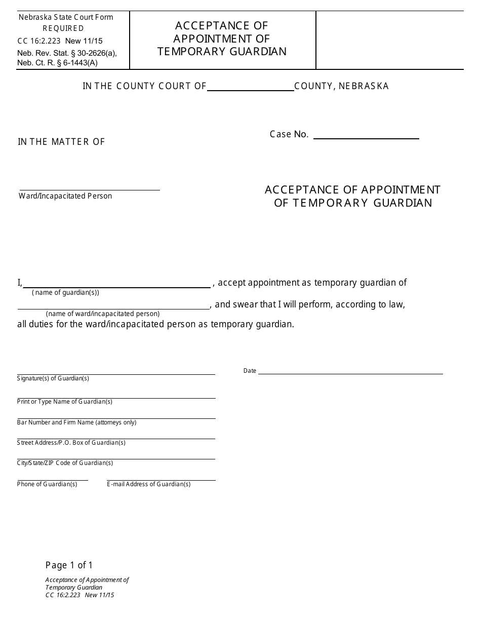 Form CC16:2.223 Acceptance of Appointment of Temporary Guardian and Temporary Conservator for a Minor - Nebraska, Page 1