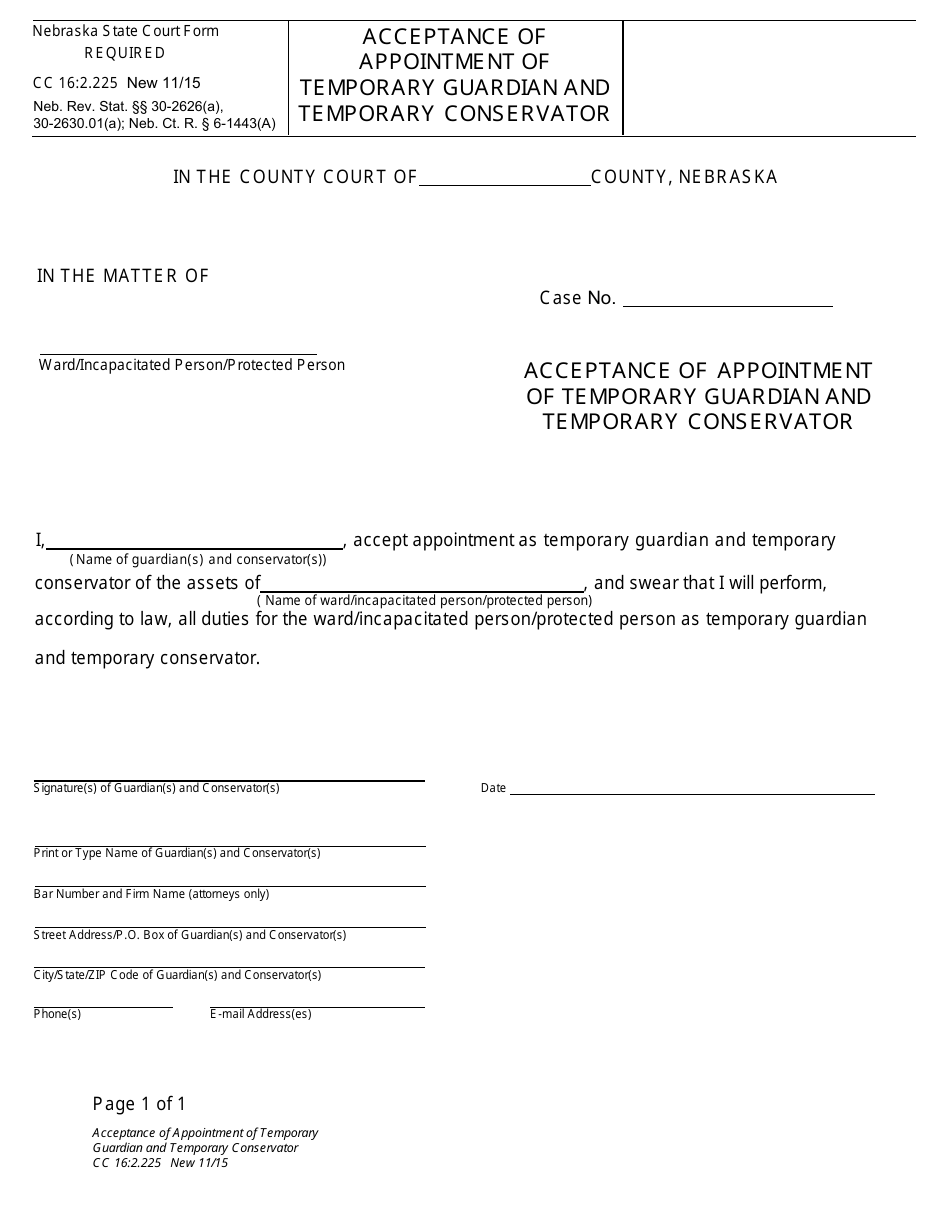 Form CC16:2.225 Acceptance of Appointment of Temporary Guardian and Temporary Conservator for a Minor - Nebraska, Page 1