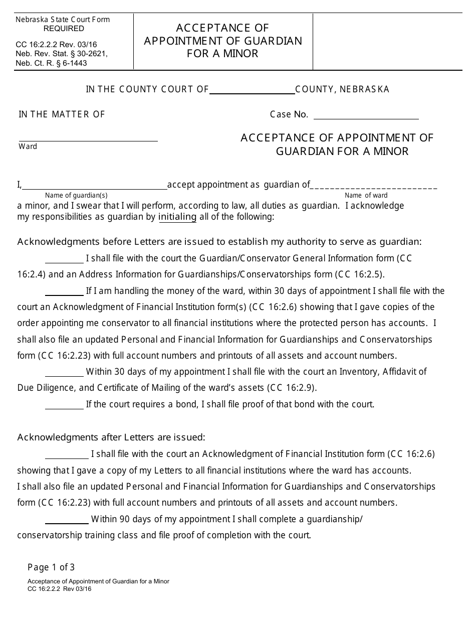 Form CC16:2.2.2 Acceptance of Appointment of Guardian for a Minor - Nebraska, Page 1
