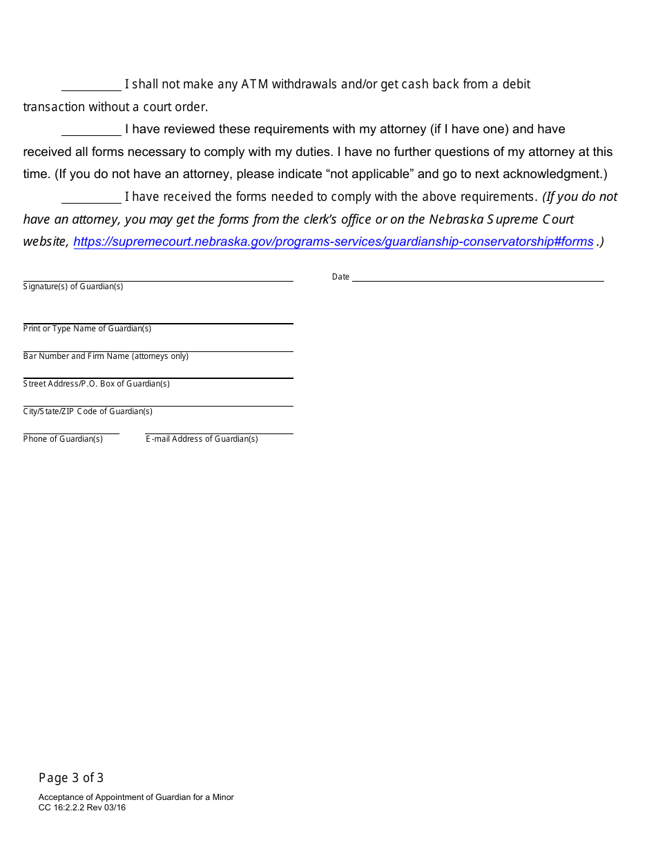 Form CC16:2.2.2 Acceptance of Appointment of Guardian for a Minor - Nebraska, Page 3
