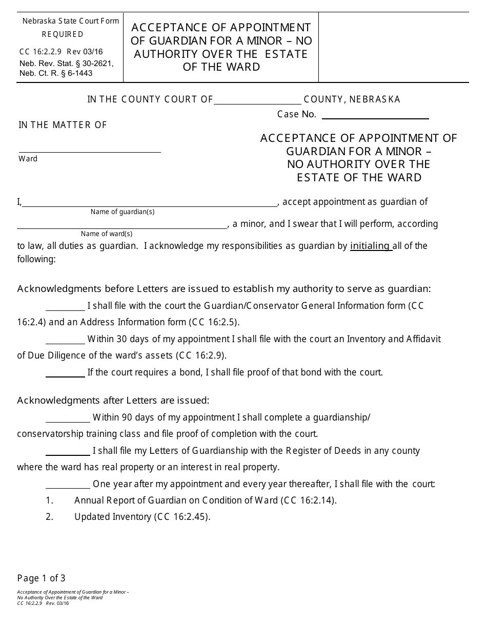 Form CC16:2.2.9 Acceptance of Appointment of Guardian for a Minor - No Authority Over the Estate of the Ward - Nebraska, Page 1