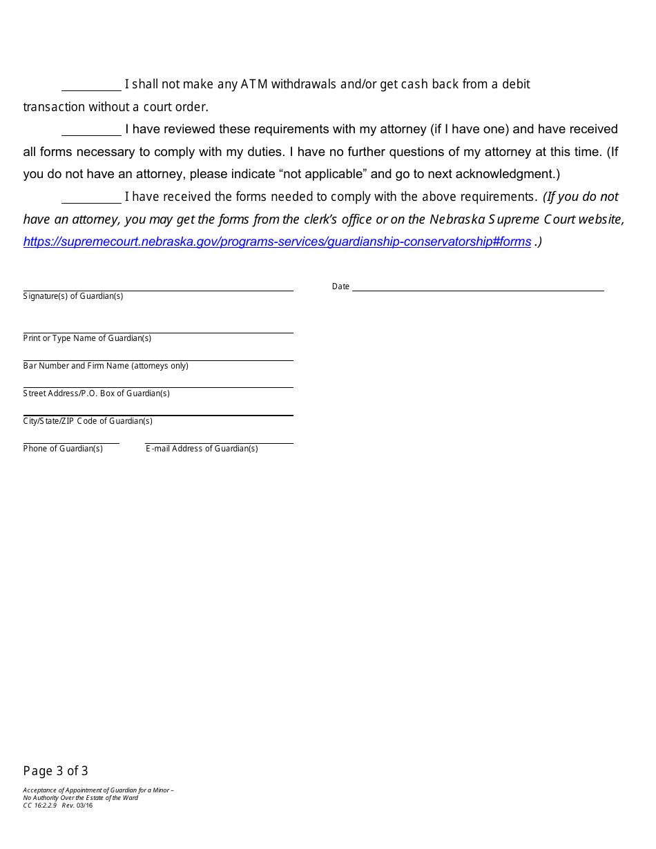 Form CC16:2.2.9 Acceptance of Appointment of Guardian for a Minor - No Authority Over the Estate of the Ward - Nebraska, Page 3