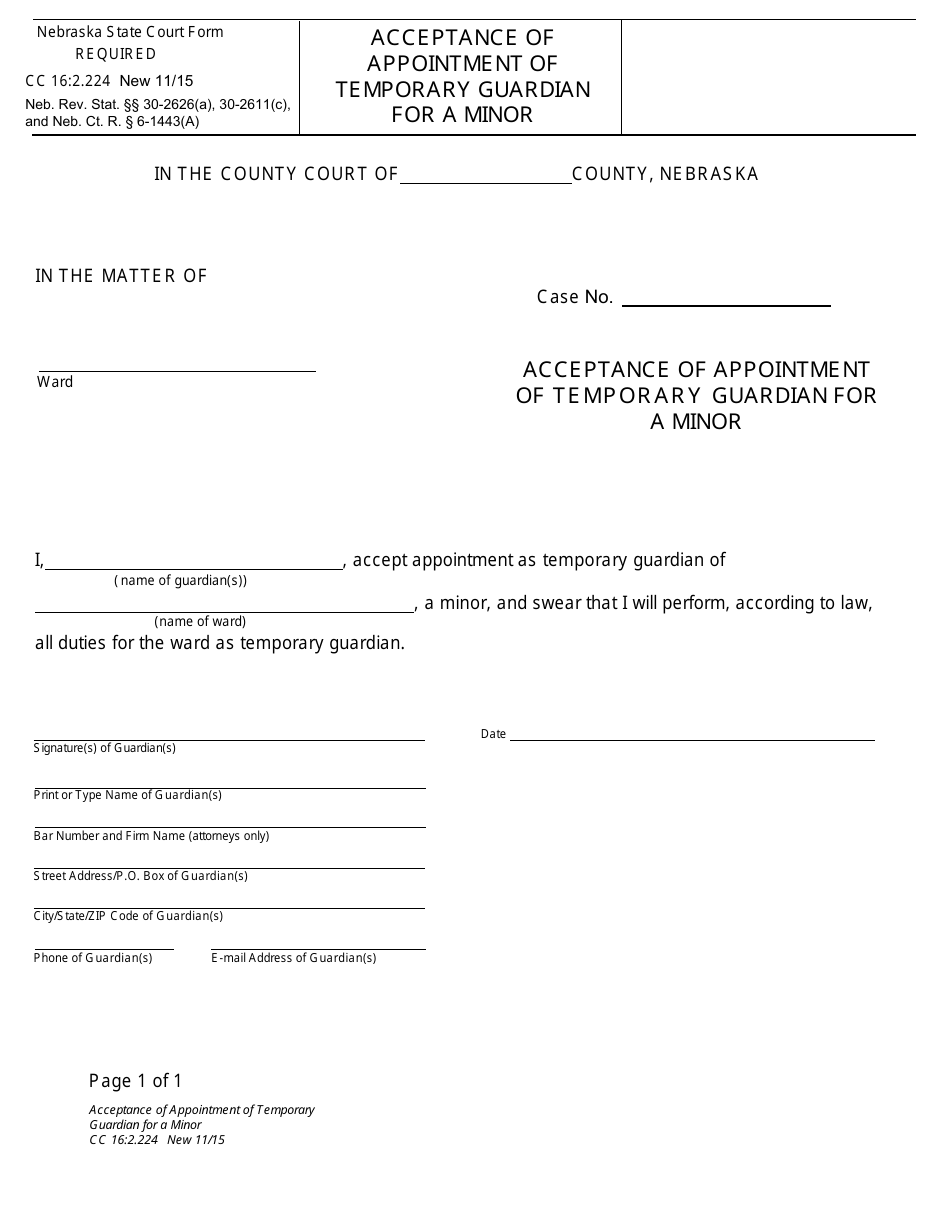 Form CC16:2.224 Acceptance of Appointment of Temporary Guardian and Temporary Conservator for a Minor - Nebraska, Page 1