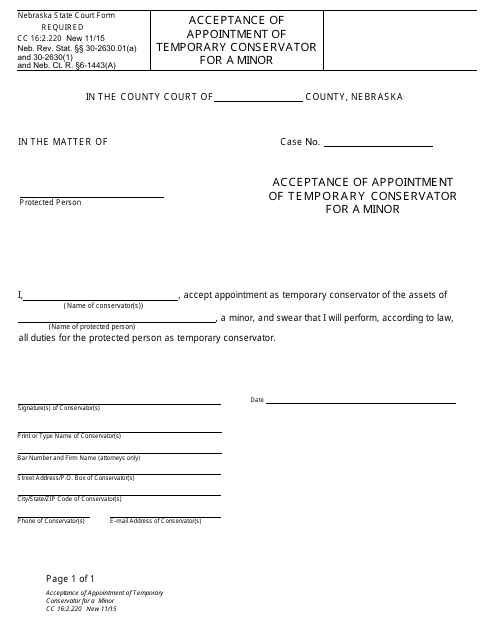 Form CC16:2.220 Acceptance of Appointment of Temporary Conservator for a Minor - Nebraska