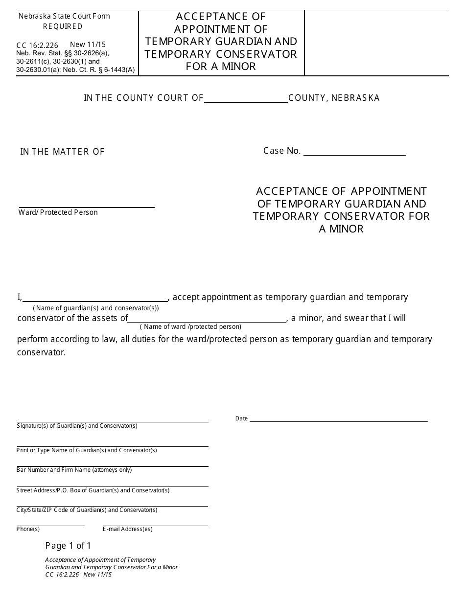 Form CC16:2.226 Acceptance of Appointment of Temporary Guardian and Temporary Conservator for a Minor - Nebraska, Page 1