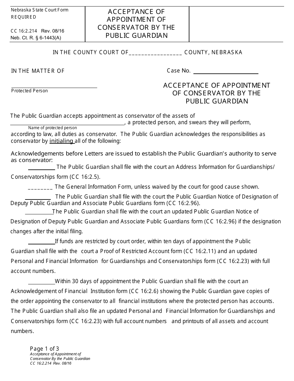 Form CC16:2.214 Acceptance of Appointment of Conservator by the Public Guardian - Nebraska, Page 1