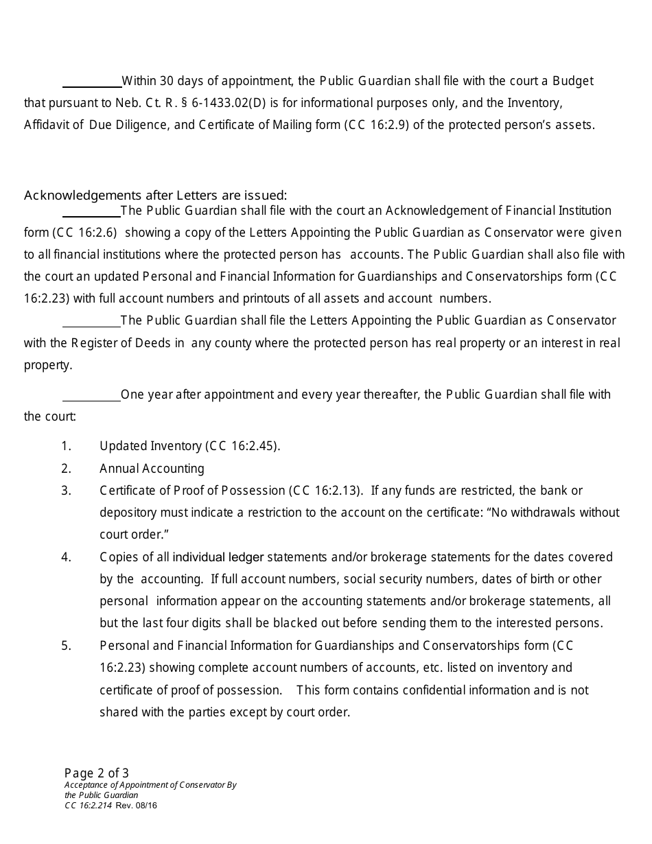 Form CC16:2.214 Acceptance of Appointment of Conservator by the Public Guardian - Nebraska, Page 2