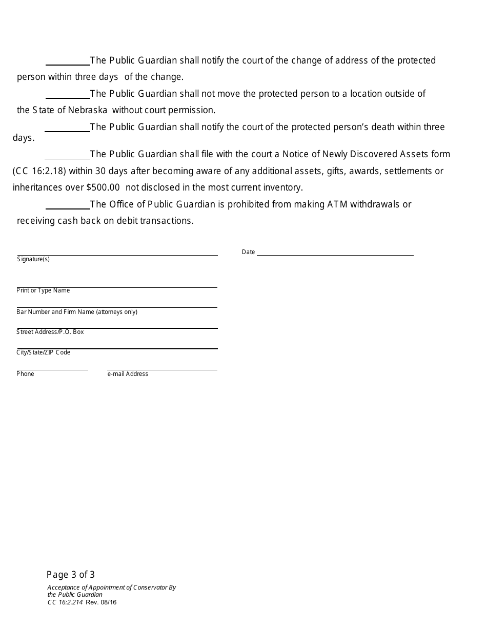 Form CC16:2.214 Acceptance of Appointment of Conservator by the Public Guardian - Nebraska, Page 3