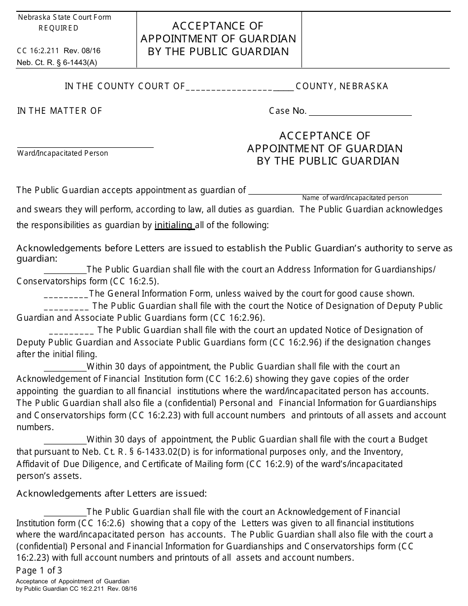 Form CC16:2.211 Acceptance of Appointment of Guardian by the Public Guardian - Nebraska, Page 1