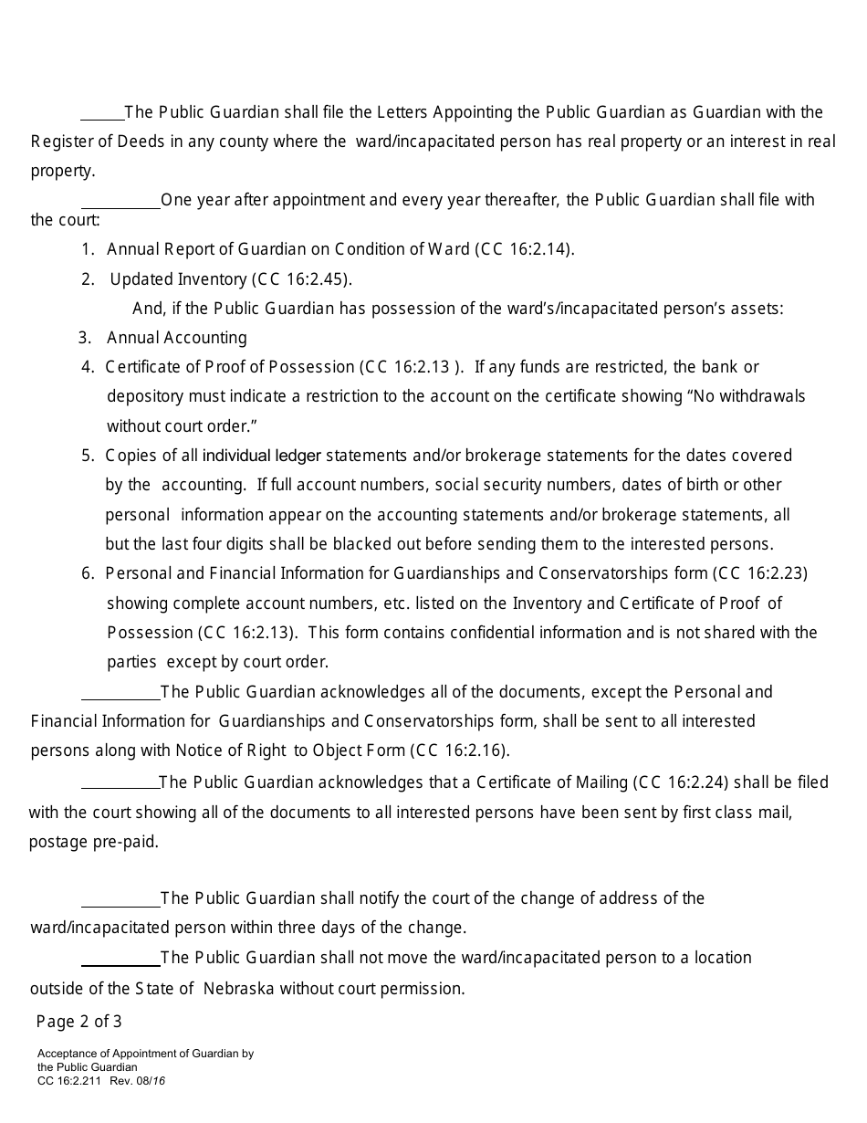 Form CC16:2.211 Acceptance of Appointment of Guardian by the Public Guardian - Nebraska, Page 2