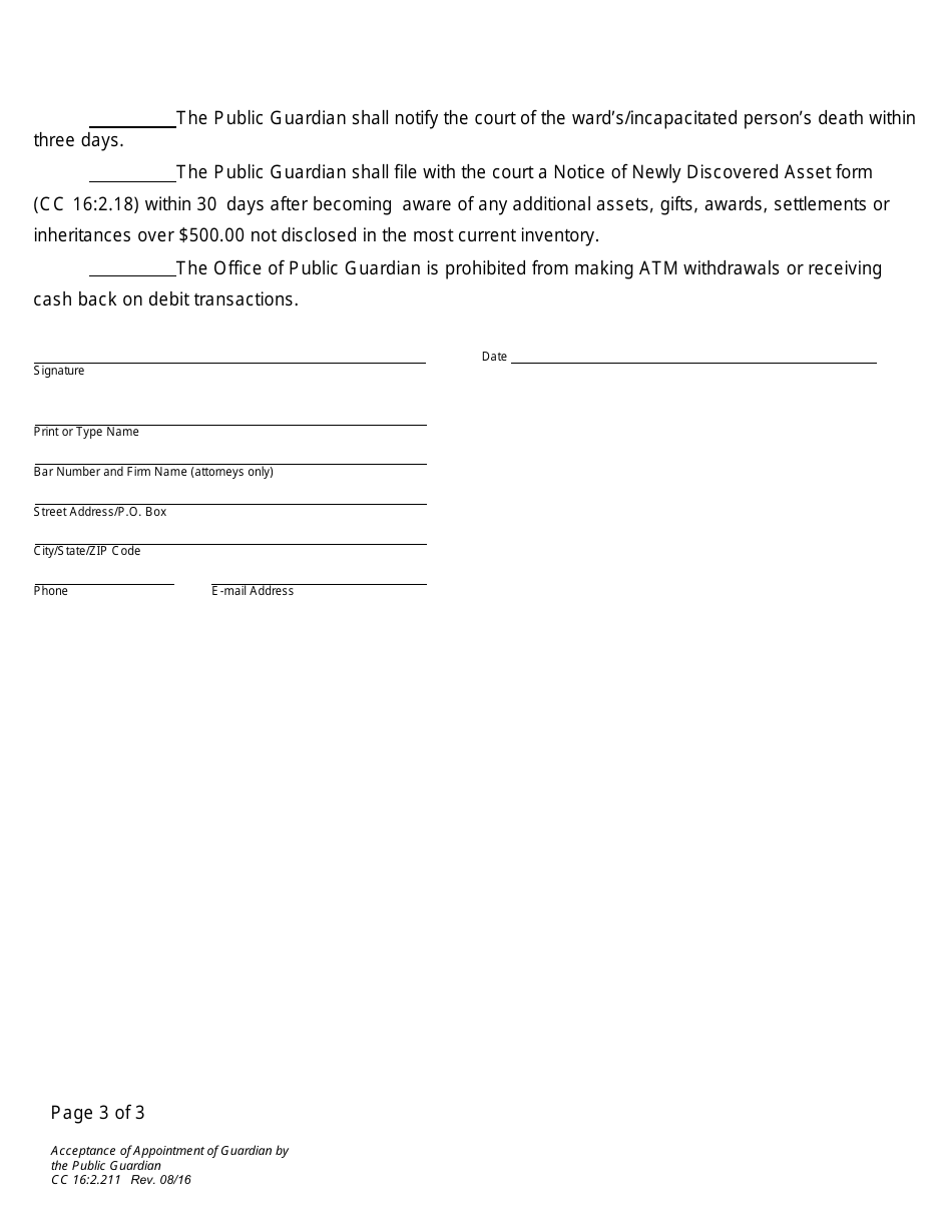 Form CC16:2.211 Acceptance of Appointment of Guardian by the Public Guardian - Nebraska, Page 3