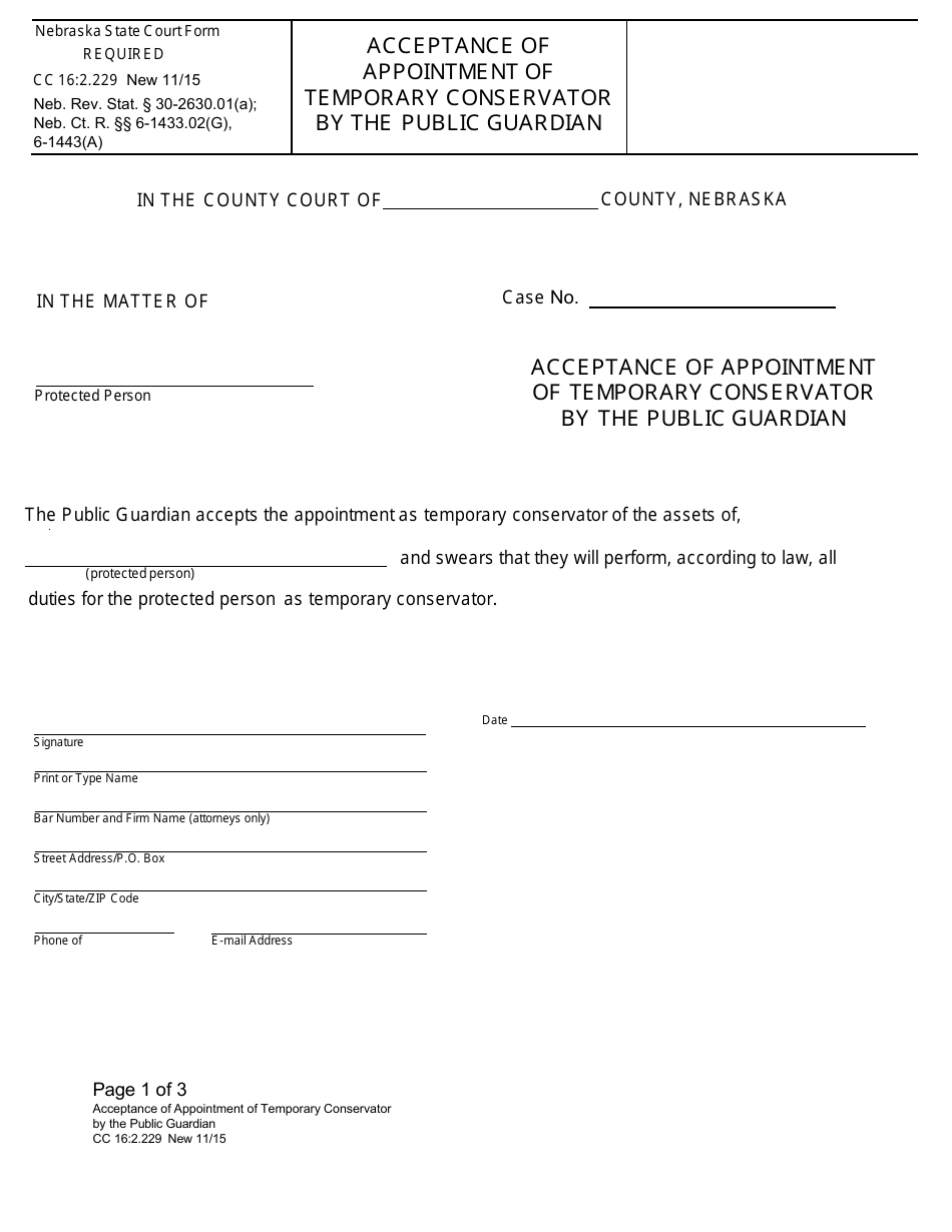 Form CC16:2.229 Acceptance of Appointment of Temporary Conservator by the Public Guardian - Nebraska, Page 1