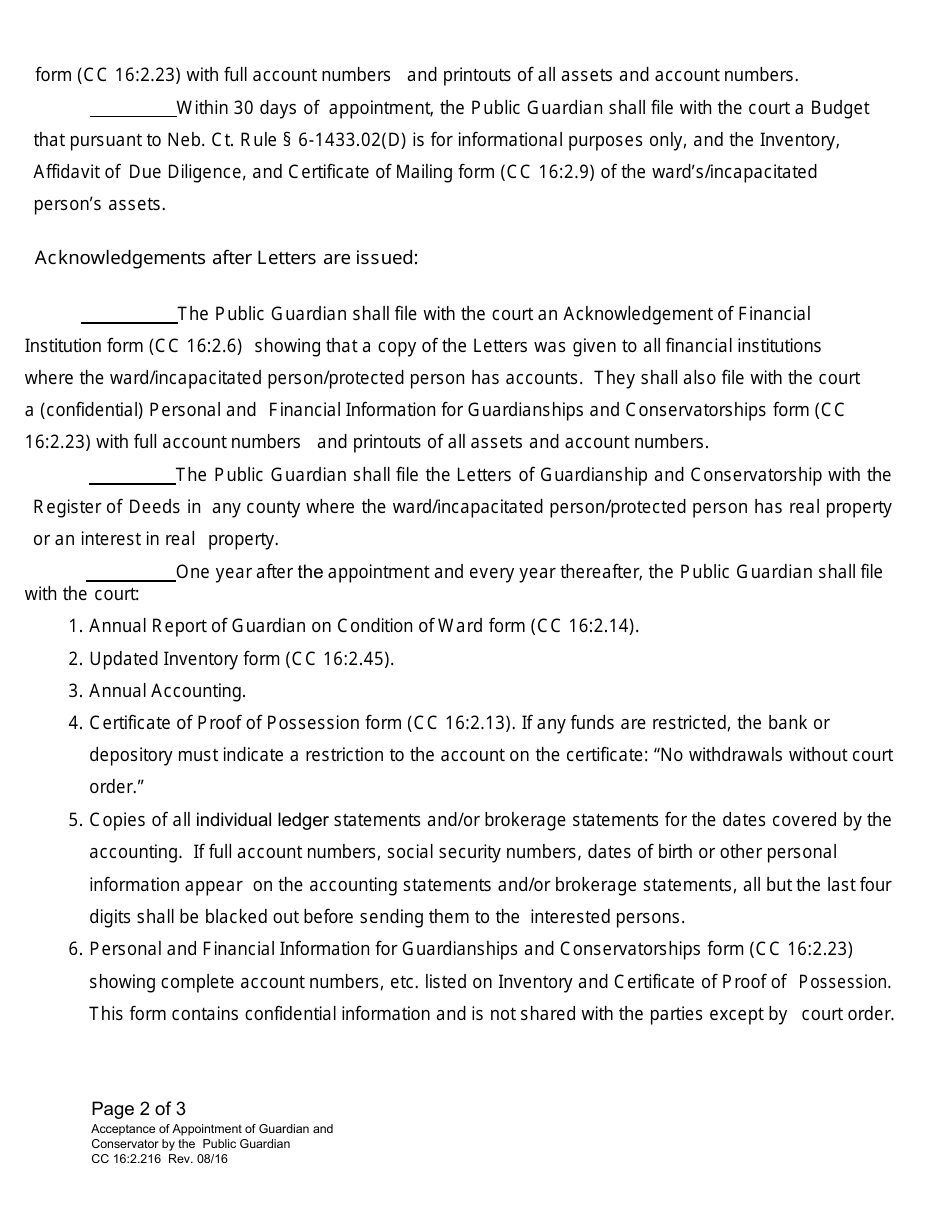 Form CC16:2.216 Acceptance of Appointment of Guardian and Conservator by the Public Guardian - Nebraska, Page 2
