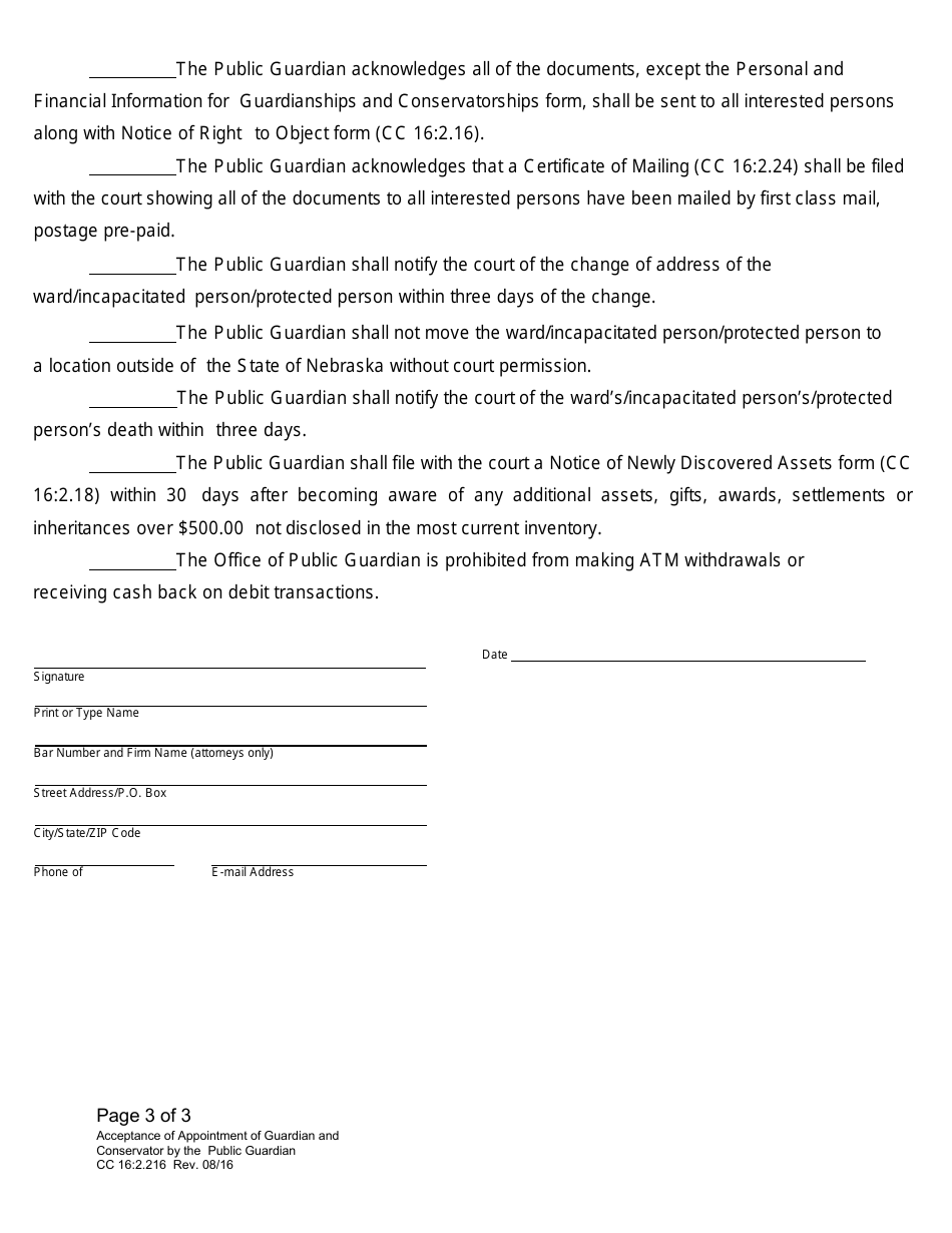 Form CC16:2.216 Acceptance of Appointment of Guardian and Conservator by the Public Guardian - Nebraska, Page 3