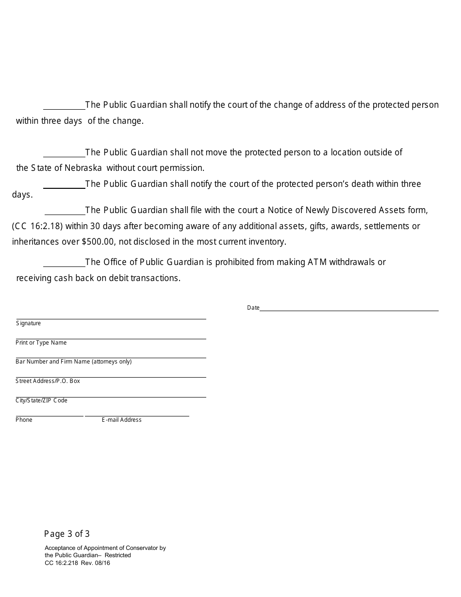 Form CC16:2.218 Acceptance of Appointment of Conservator by the Public Guardian - Restricted - Nebraska, Page 3