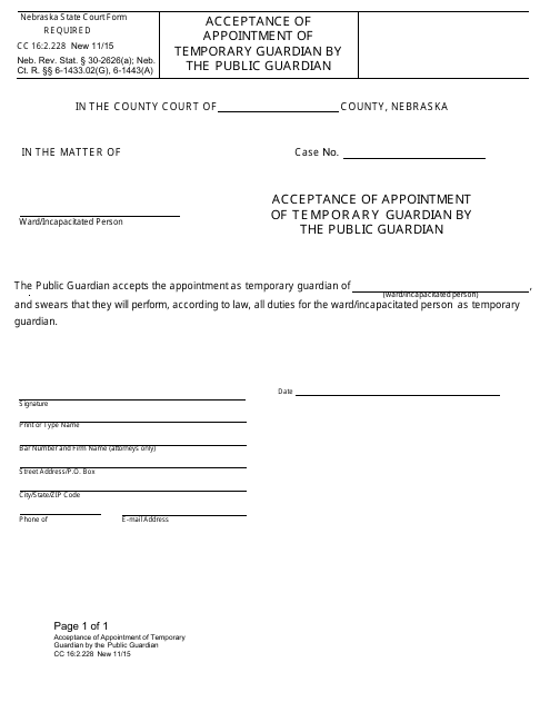 Form CC16:2.228 Acceptance of Appointment of Temporary Guardian by the Public Guardian - Nebraska
