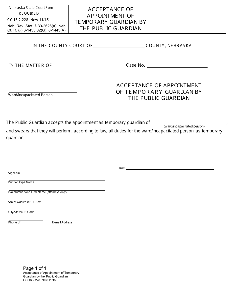 Form CC16:2.228 Acceptance of Appointment of Temporary Guardian by the Public Guardian - Nebraska, Page 1