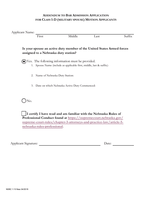 Form NSBC1:15 Addendum to Bar Admission Application for Class 1-d (Military Spouse) Motion Applicants - Nebraska