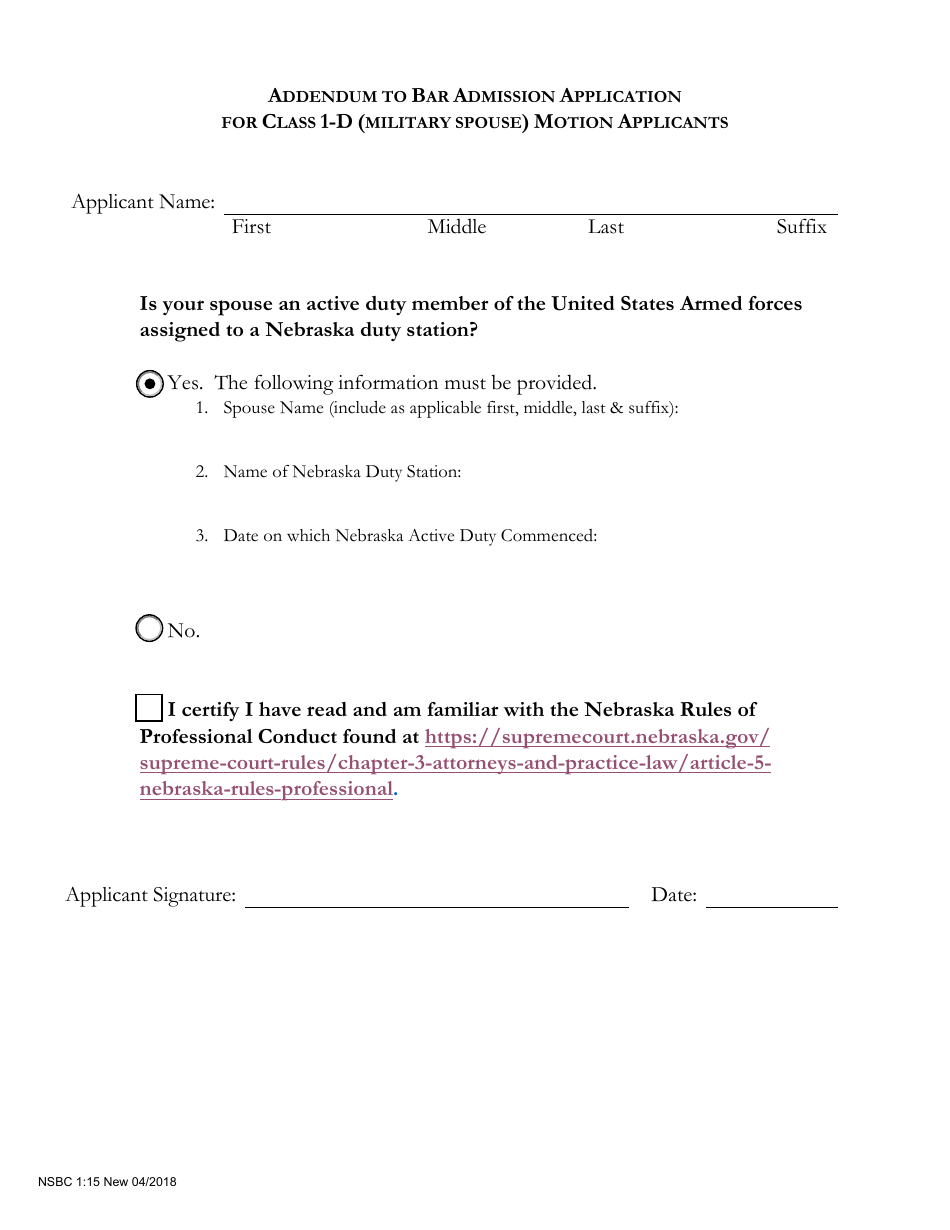 Form NSBC1:15 Addendum to Bar Admission Application for Class 1-d (Military Spouse) Motion Applicants - Nebraska, Page 1