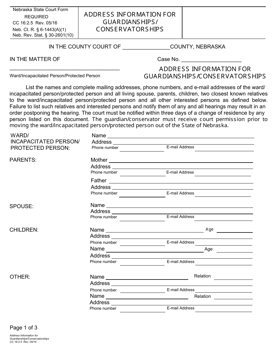 Form CC16:2.5 Address Information for Guardianships / Conservatorships - Nebraska, Page 1