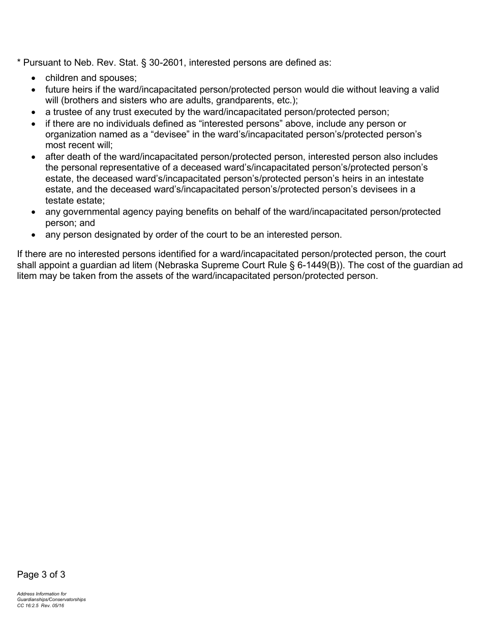 Form CC16:2.5 Address Information for Guardianships / Conservatorships - Nebraska, Page 3