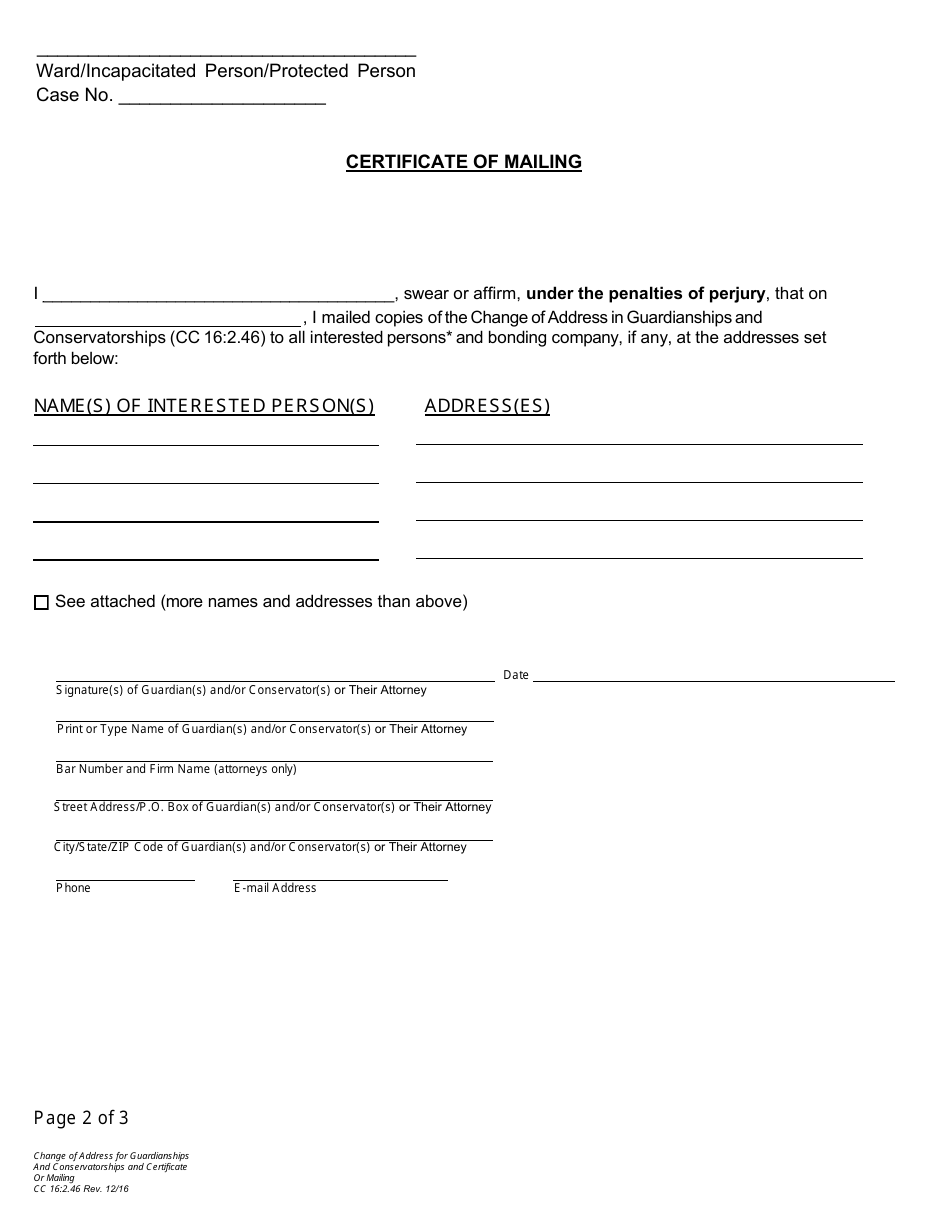 Form CC16:2.46 Change of Address in Guardianships and / or Conservatorships and Certificate of Mailing - Nebraska, Page 2