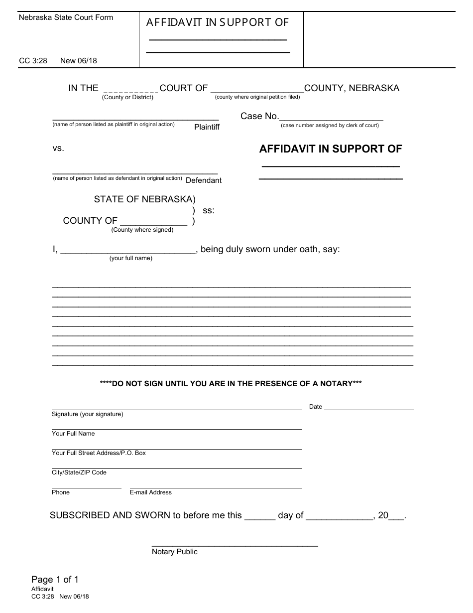 Form CC3:28 Affidavit (Generic) - Nebraska, Page 1