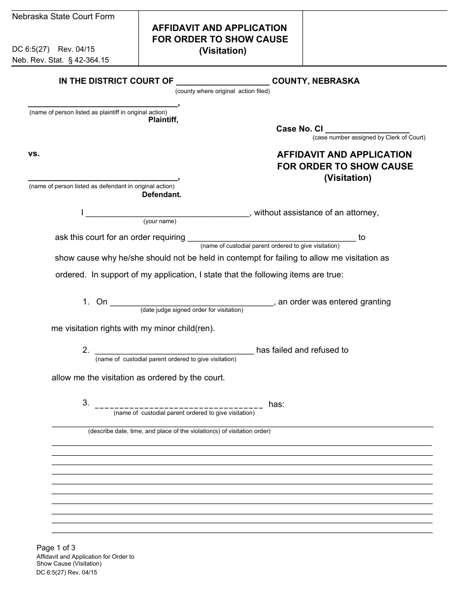 Form DC6:5(27) Affidavit and Application for Order to Show Cause (Visitation) - Nebraska, Page 1
