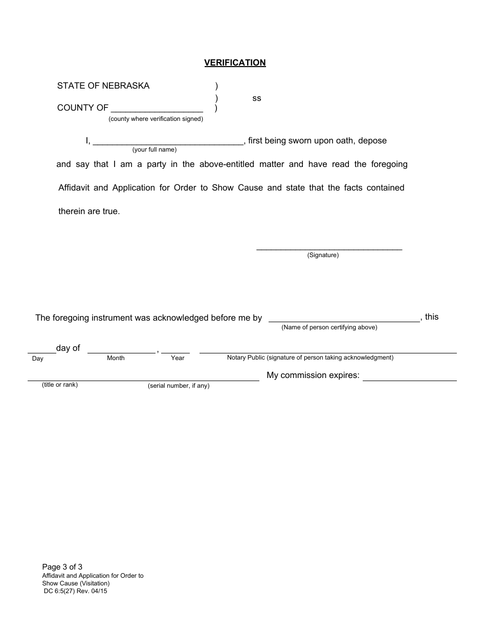 Form DC6:5(27) Affidavit and Application for Order to Show Cause (Visitation) - Nebraska, Page 3
