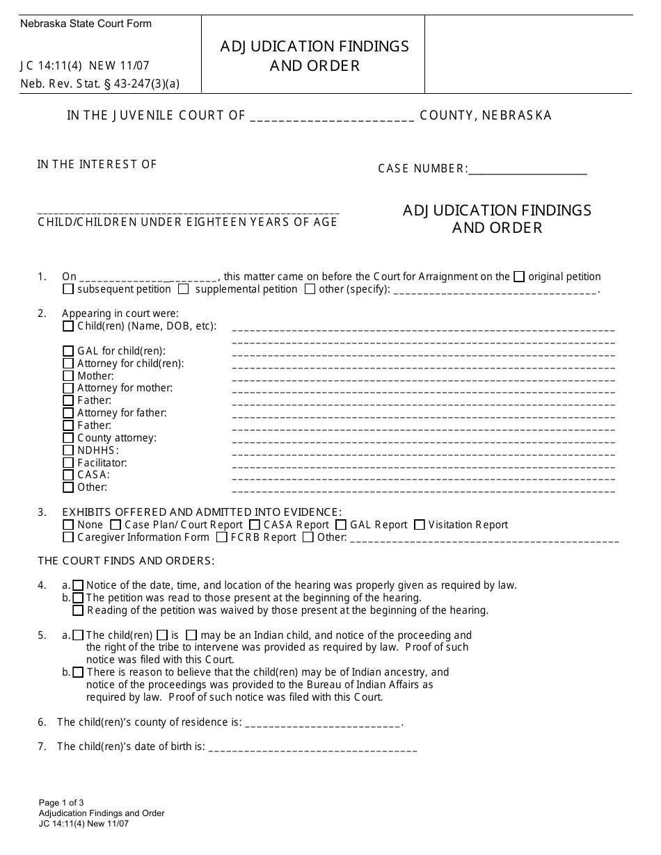 Form JC14:11(4) Adjudication Findings and Order - Nebraska, Page 1