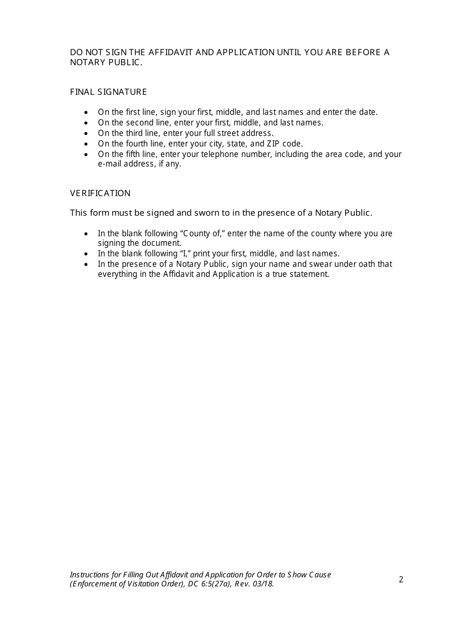 Instructions for Form DC6:5(27) Affidavit and Application for Order to Show Cause (Visitation) - Nebraska, Page 2