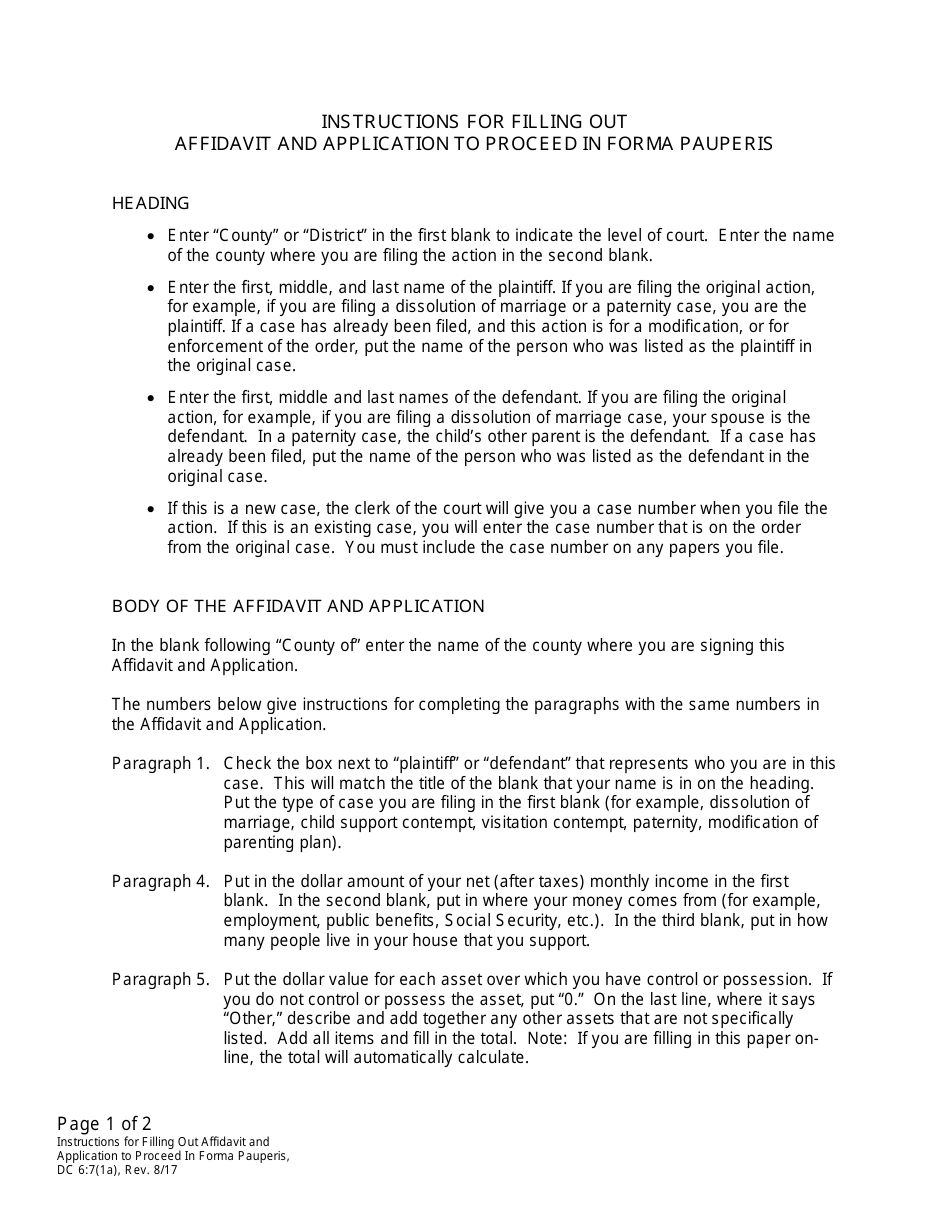 Instructions for Form DC6:7(1) Affidavit and Application to Proceed in Forma Pauperis (Request to Proceed Without Payment of Fees) - Nebraska, Page 1