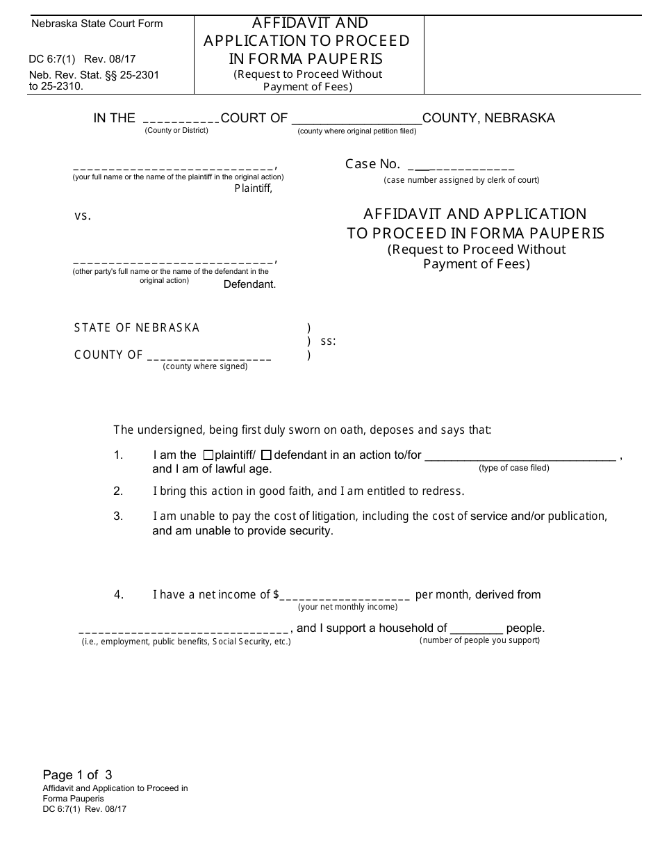 Form DC6:7(1) Affidavit and Application to Proceed in Forma Pauperis (Request to Proceed Without Payment of Fees) - Nebraska, Page 1
