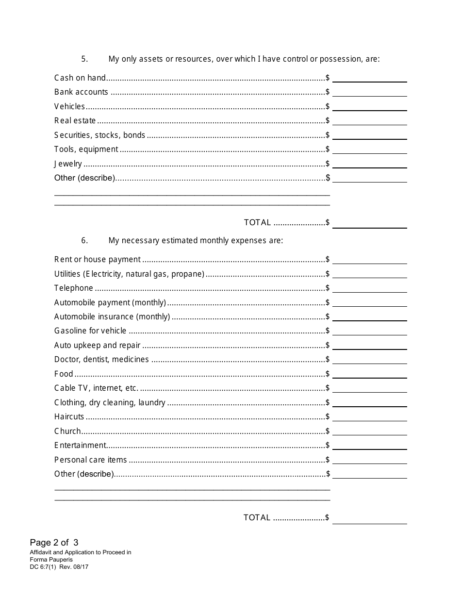 Form DC6:7(1) Affidavit and Application to Proceed in Forma Pauperis (Request to Proceed Without Payment of Fees) - Nebraska, Page 2