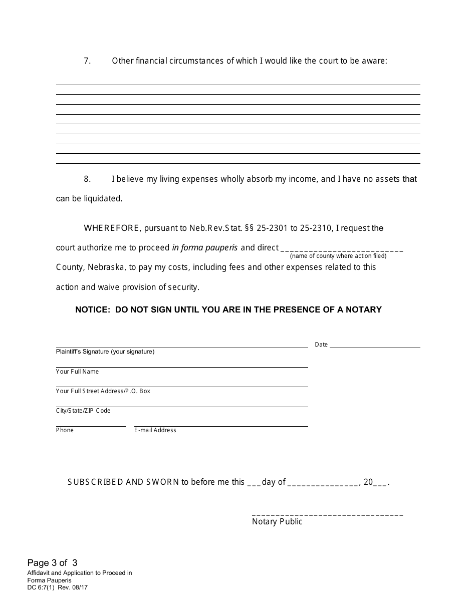 Form DC6:7(1) Affidavit and Application to Proceed in Forma Pauperis (Request to Proceed Without Payment of Fees) - Nebraska, Page 3