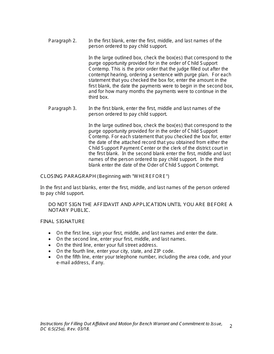 Instructions for Form DC6:5(25) Affidavit and Motion for Bench Warrant and Commitment to Issue - Nebraska, Page 2