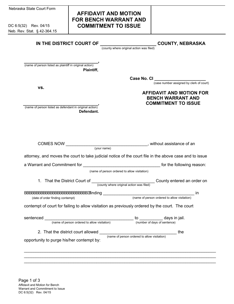 Form DC6:5(32) Affidavit and Motion for Bench Warrant and Commitment to Issue - Nebraska, Page 1