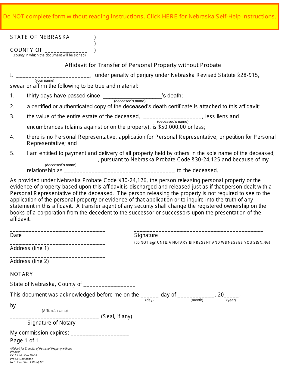 Form CC15:40 Affidavit for Transfer of Personal Property Without Probate - Nebraska, Page 1