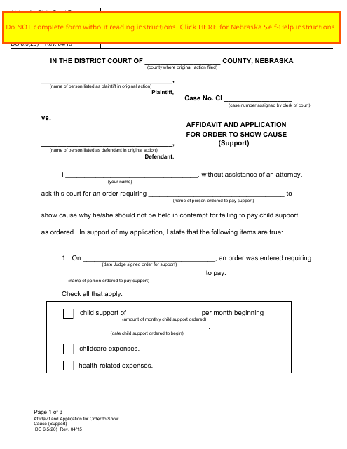 Form DC6:5(20) Affidavit and Application for Order to Show Cause (Support) - Nebraska