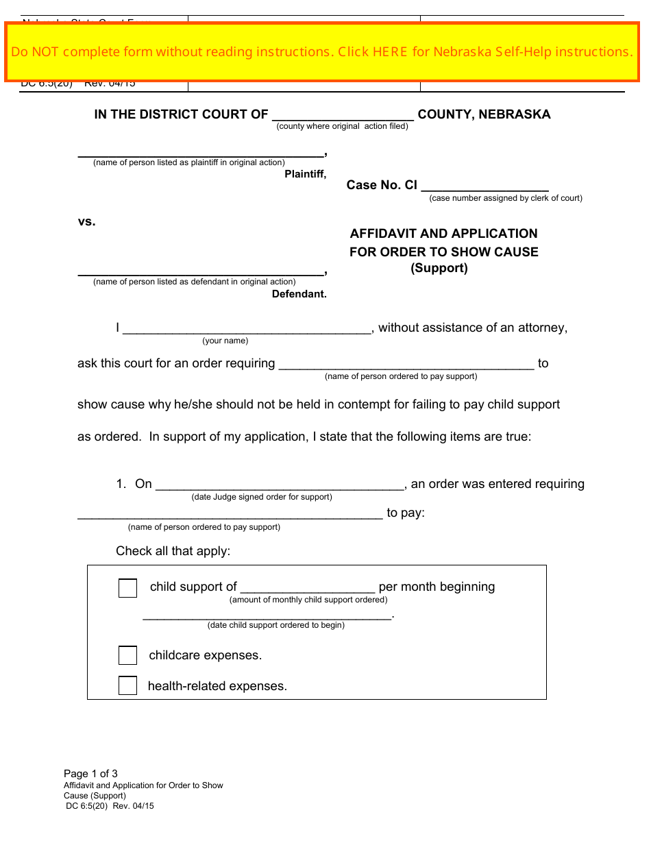 Form DC6:5(20) Affidavit and Application for Order to Show Cause (Support) - Nebraska, Page 1