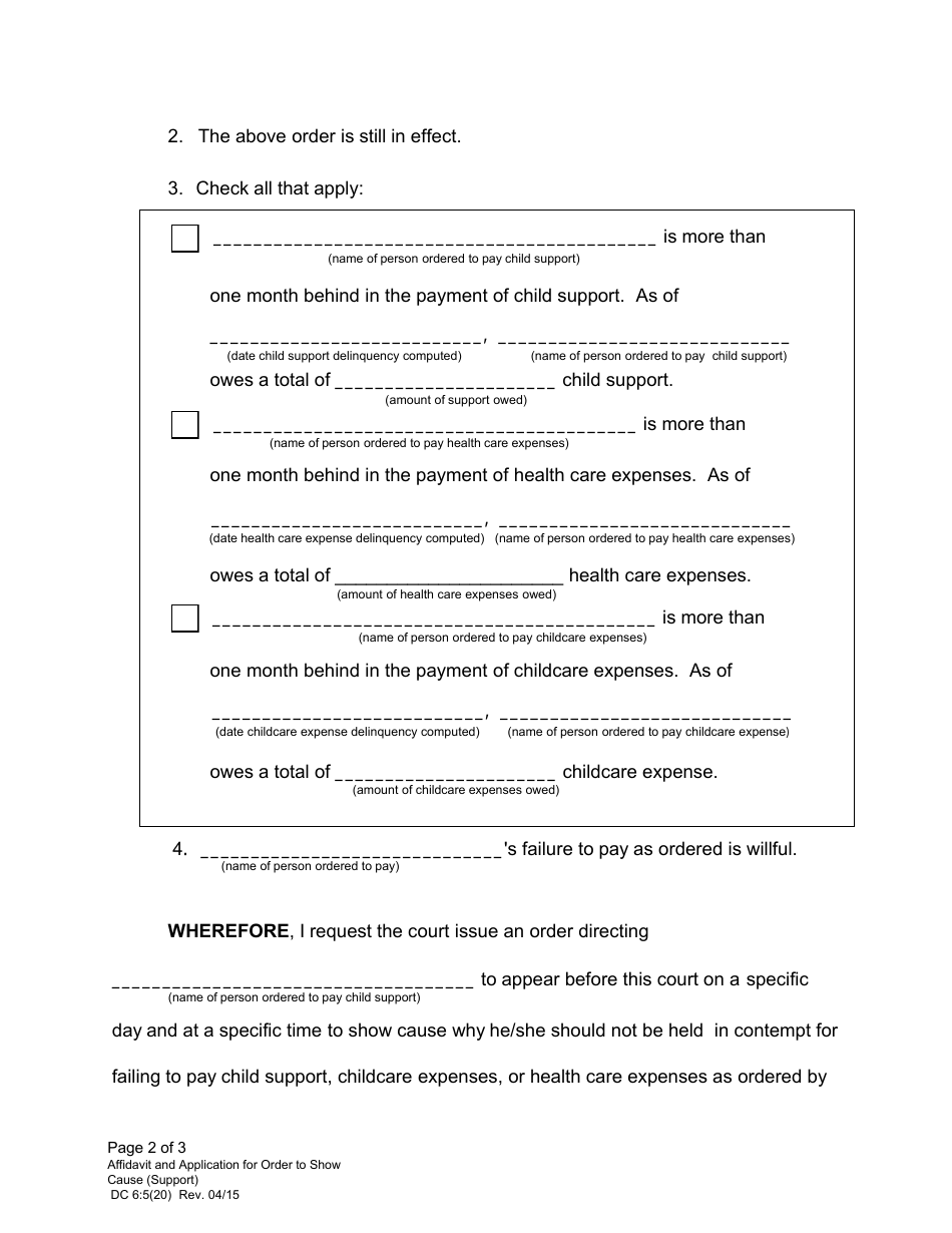Form DC6:5(20) Affidavit and Application for Order to Show Cause (Support) - Nebraska, Page 2