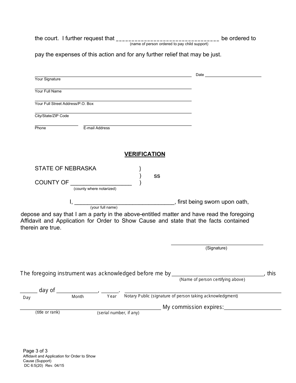 Form DC6:5(20) Affidavit and Application for Order to Show Cause (Support) - Nebraska, Page 3