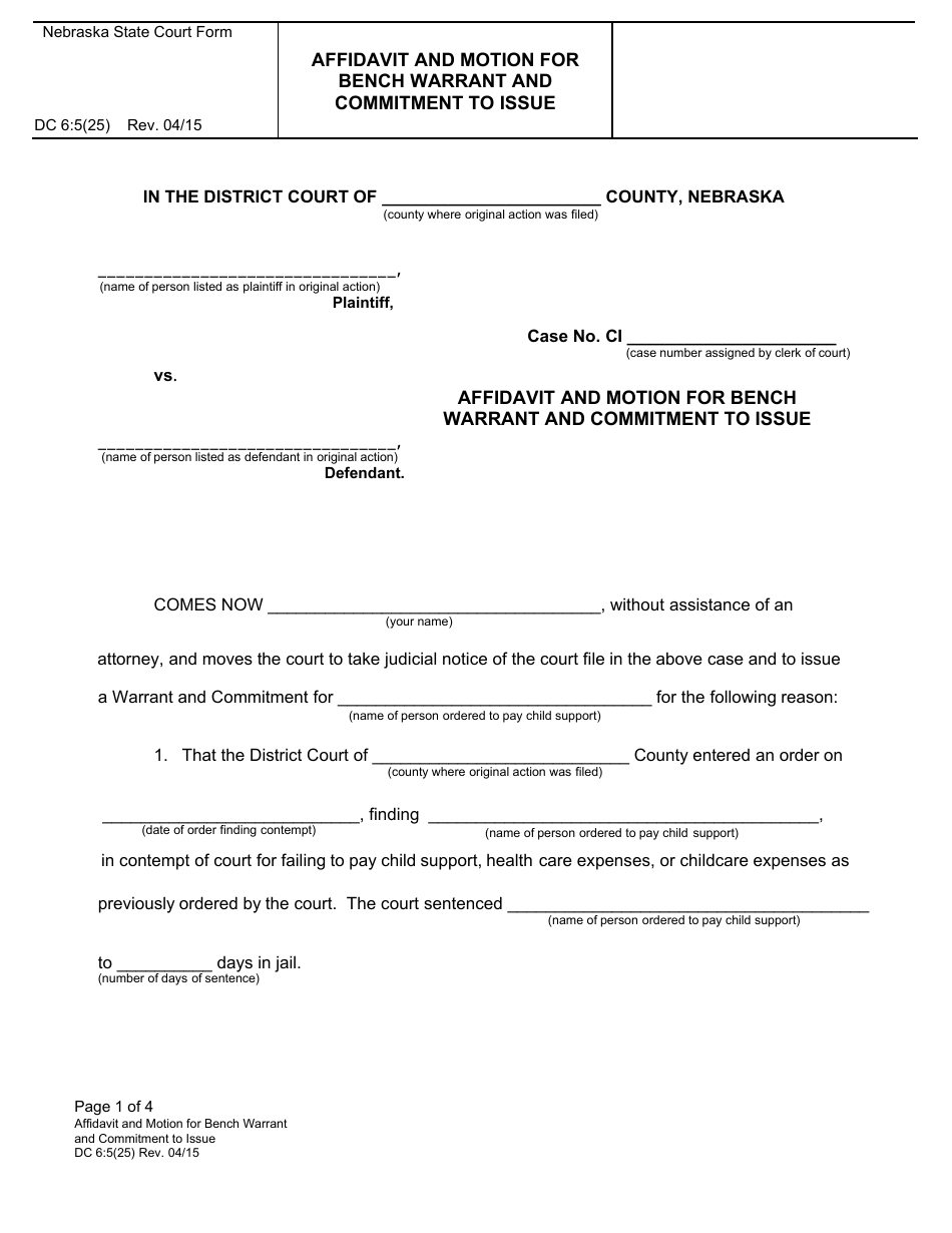 Form DC6:5(25) Affidavit and Motion for Bench Warrant and Commitment to Issue - Nebraska, Page 1