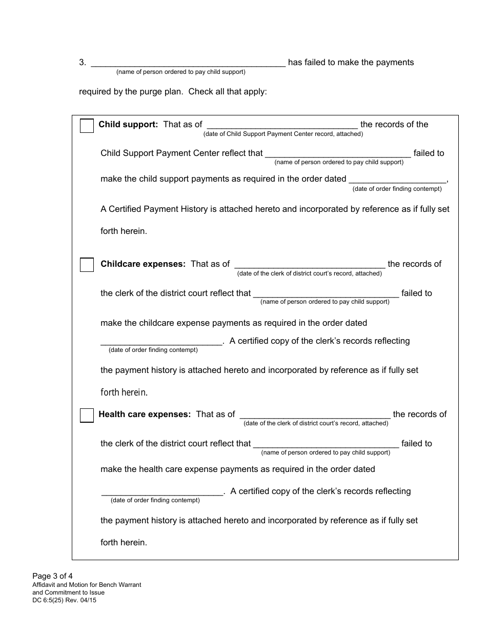 Form DC6:5(25) Affidavit and Motion for Bench Warrant and Commitment to Issue - Nebraska, Page 3