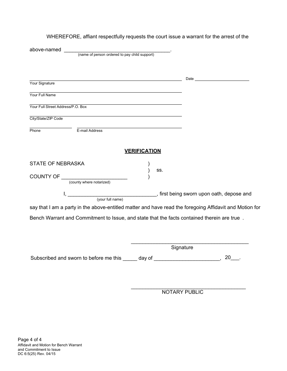 Form DC6:5(25) Affidavit and Motion for Bench Warrant and Commitment to Issue - Nebraska, Page 4