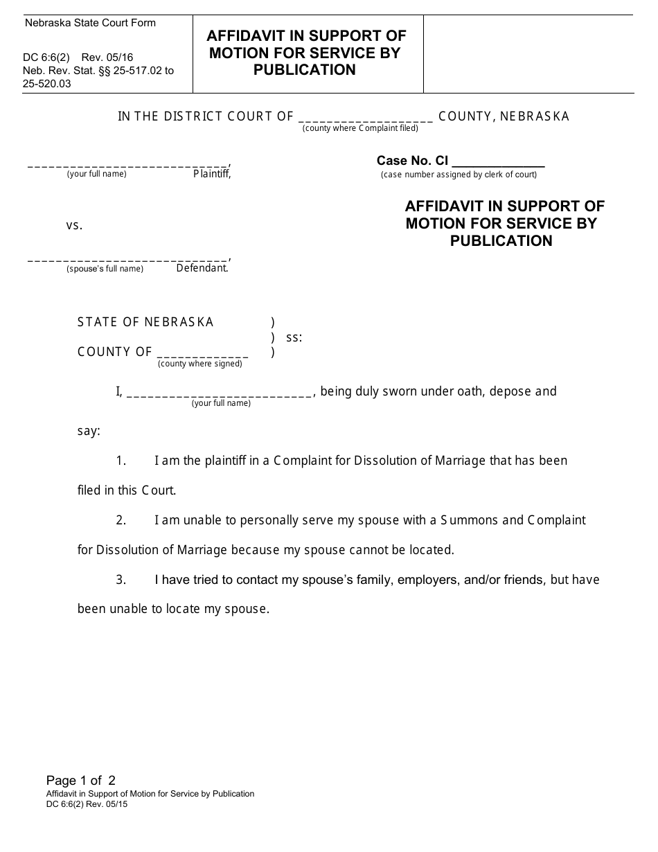 Form DC6:6(2) Affidavit in Support of Motion for Service by Publication - Nebraska, Page 1